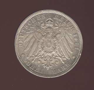 GERMANY BAYERN RARE 3 MARK 1911 HIGH GRADE SILVER COIN  