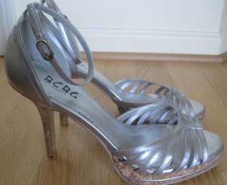BCBG Silver Leather Cork Platform Heels Shoes 8  
