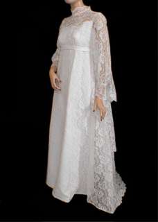 Vtg 60s White Big Bow Wedding Dress Empire M Cape Train Floral Lace 