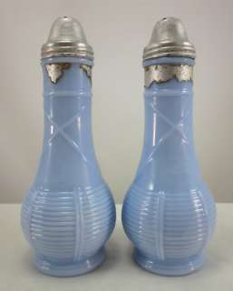 Vintage 1930s Blue Milk Glass Art Deco Salt Shakers  
