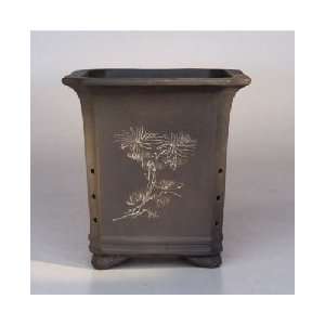  Ceramic Bonsai Pot.Unglazed Square with Floral Etching 