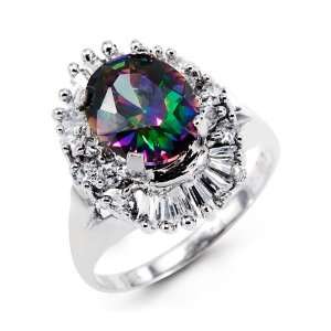  14k White Gold Mystic Fire Topaz Baguette Round CZ Ring Jewelry