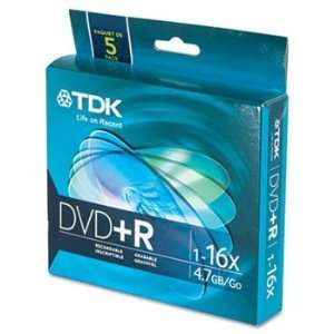  TDK 48576   DVD+R Discs, 4.7GB, 16x, w/Slim Jewel Cases, 5 