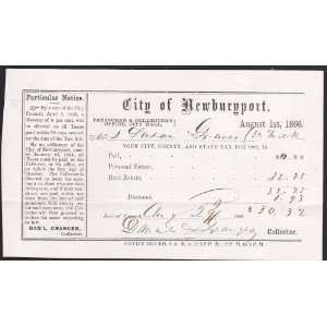  1866 City of Newburyport Tax Collectors Receipt for Susan 