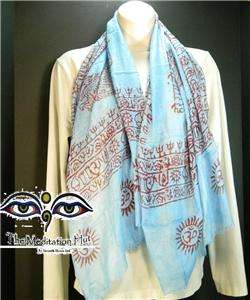   OM Blue Meditation Scarf Shawl Handloomed cotton screen printed India
