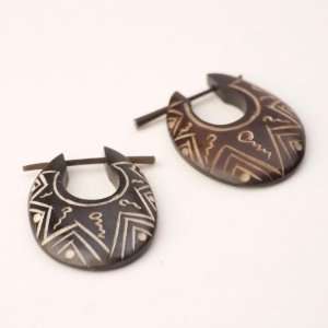    Hand made brown oval bone horn tribal tattoo earrings Jewelry