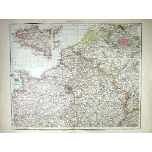 NORTH FRANCE ANTIQUE MAP c1897 BRITTANY PARIS ENVIRONS NETHERLANDS 