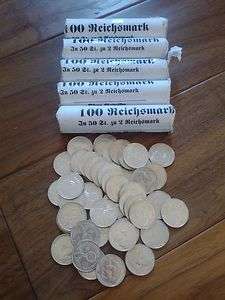 1938 2 Reichsmark 50 Coin Roll with Swastika, German, RARE, EF AU 