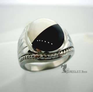 STAINLESS STEEL SIGNET STYLE RING w/ BlK AGATE & SHELL  