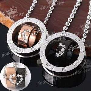 2PCS Heart Czech Crystal Round Stainless Steel Couple Pendant Necklace 