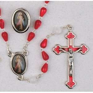21 Divine Mercy Rosary with 7mm Red Beads and Red Crucifix   MADE IN 