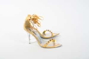 Yellow Studded Spike Anklewrap Metal Stiletto Sandal  