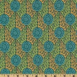  44 Wide Lily Rose Stencil Teal Fabric By The Yard: Arts 