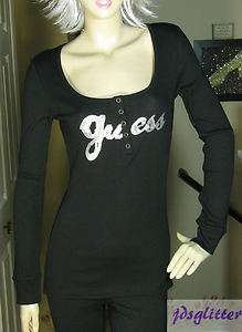 GUESS Pam Black with Sequence Logo Long Sleeve Top NWT  