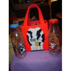  PLASTIC CANVAS COW BAG AND DECORATOR COW BOTTLES