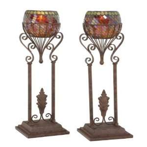  Set of 2 Vintage Glass Mosaic Candle Holders With Flourish 