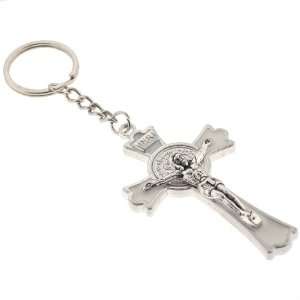 White Enameled St. Benedict Cross Keychain   3 Crucifix, 5 Overall 