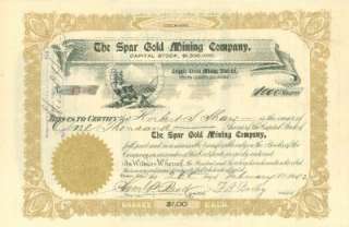 Spar Gold Mining Co Cripple Creek Stock Certificate  