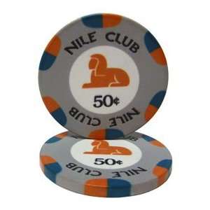 25)10 Gram Nile Club Casino Ceramic Poker Chip 50 Cents  