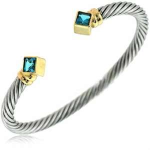   Solid Gold and Silver Genuine Blue Topaz Cable Design Bangle Jewelry