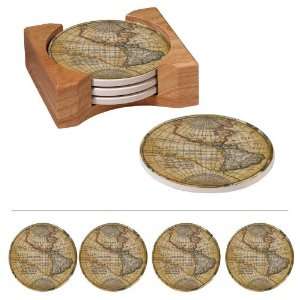    Absorbent Round Coaster Set with Caddy,World Map