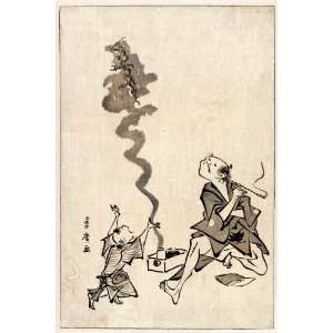  1804 Japanese Print man smoking a cigarette in a long 