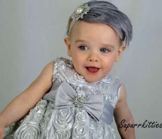 Silver Gray Feather/Flower Headband Photo Prop w/ Rhinestone Baby/Girl 