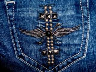 Sang Real by Miss Me Low Rise Stretch Silver Studded Cross Pkt Bootcut 