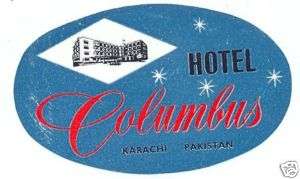 COLUMBUS Hotel luggage label KARACHI Pakistan  