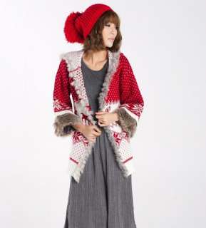   Xmas Wool Deers Cardigan Sweater Coat Jacket Outwear ~RED~ M  