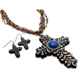  Bohemian Artistic Cross Crystal Studded Necklace and 