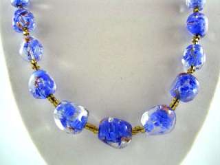 STRIKING Vtg Blue & Gold MURANO Glass Bead Necklace  