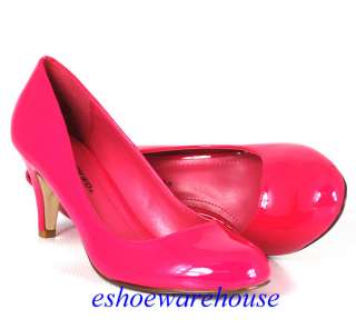 Round Toe Cutie Comfy Mid Heel Pumps Shoes Hot Pink Patent  