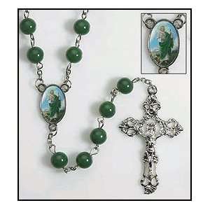  St Saint Jude Green Glass Rosary Silver Glid Cross Beads 