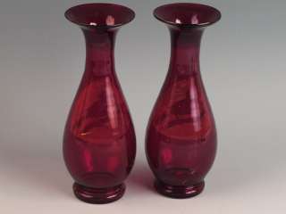 Cranberry Ruby Red to Clear Etched Bird Bud Vases  