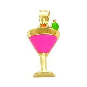  14K Gold Pink Enameled Martini Drink w/Olive Pendant 