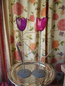   Tall Pink Purple Tulip Flower Glass Candle Holders Candlesticks  