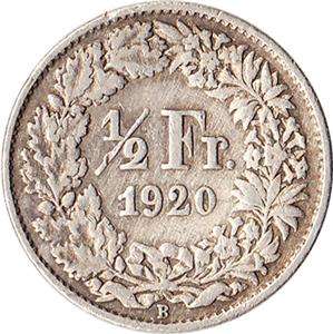 1920 (B) Switzerland 1/2 Franc Silver Coin Helvetia KM#23  