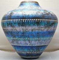 Native American Navajo Handmade XL Horsehair Hand Etched Blue Pottery 