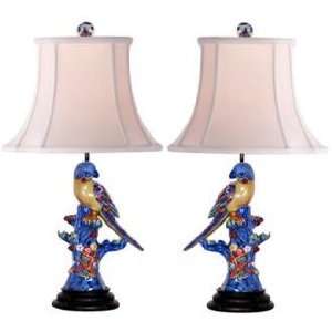  Armorial Porcelain Birds Set of Two Table Lamps