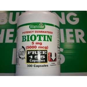  Vitamin Hut Biotin 5 mg (5000 mcg) 300 Capsules: Health 