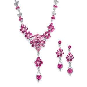  Mariell ~ Fuchsia Crystal Cluster Necklace Set with Drop Jewelry