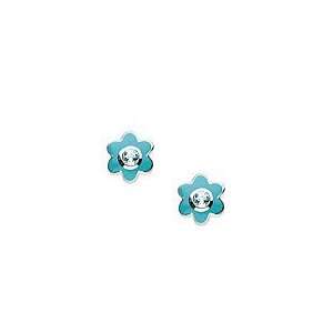 Enameled Silver Flower March Birthstone Blue Topaz Childrens Earrings