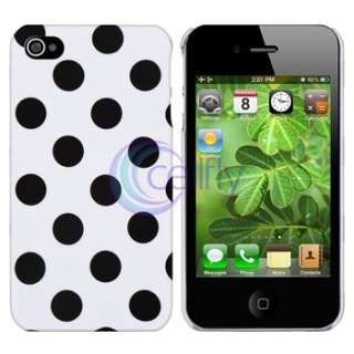 White Large Polka Dot Case+Diamond Screen Protector For Apple iPhone 4 