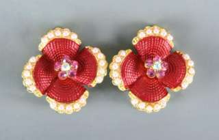 NEW RUCINNI SWAROVSKI CRYSTALS PEARL RED GREEN FLORAL BROOCH+EARRINGS 