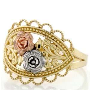   10K Solid Gold Tri Color Flower Rose Filigree Ring: Jewelry