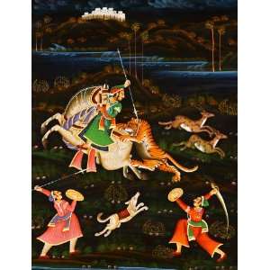  Hunting Scene   Water Color Painting on Cotton Fabric