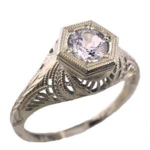   White Gold Antique Style Filigree .45ct Aquamarine Ring, Sz 7: Jewelry