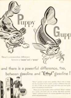 ETHYL GAS PUPPY   GUPPY CARTOON ART Vintage Ad 1950  
