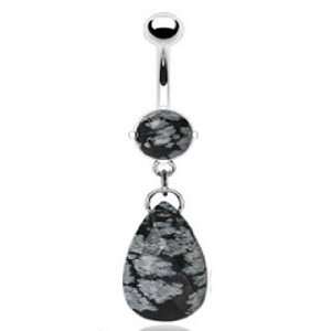Surgical Steel Snowflake Obsidian Precious Stone with Tear Drop Dangle 